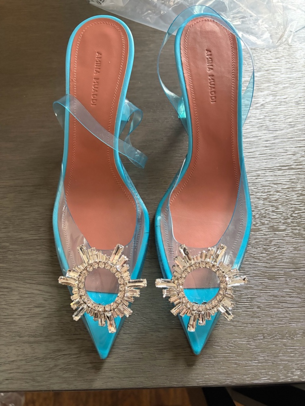 Amina Muaddi Turquoise Pointed Mule with Gold Crystal Sunburst